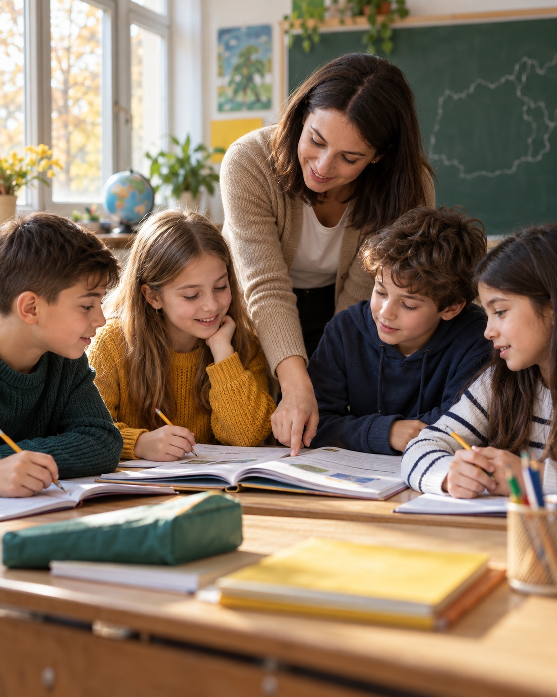 Imagine generată pentru campanie: elevi și profesoara lor descoperă engleza în clasă